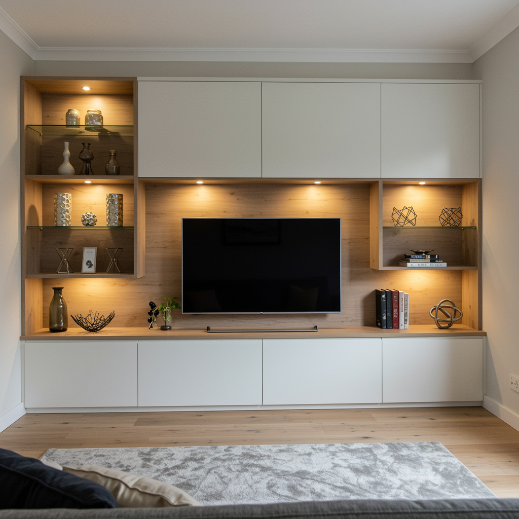 Custom built-in entertainment center with white and wood cabinetry, display shelves, and integrated media space in a modern living room