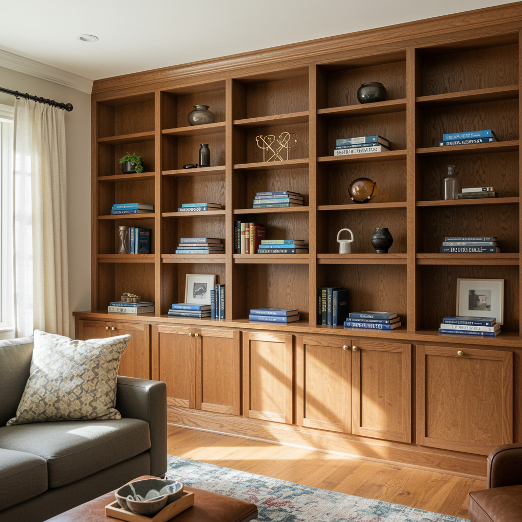 Custom built-in bookshelves in a cozy living room, showcasing smooth wood finishes and neatly arranged books, for a home cabinetry and remodeling service